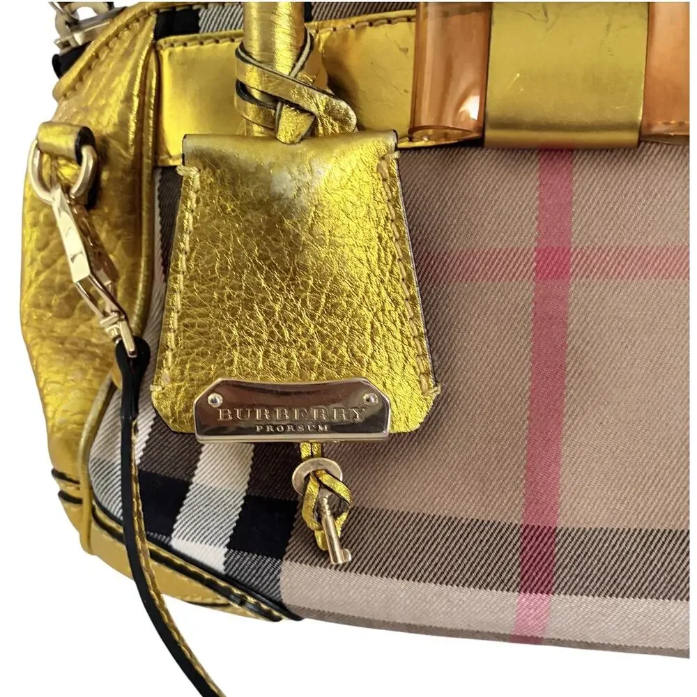 Burberry Prorsum Metallic Gold House Check Leather Bowling Bag w/ Lock & Key COA
